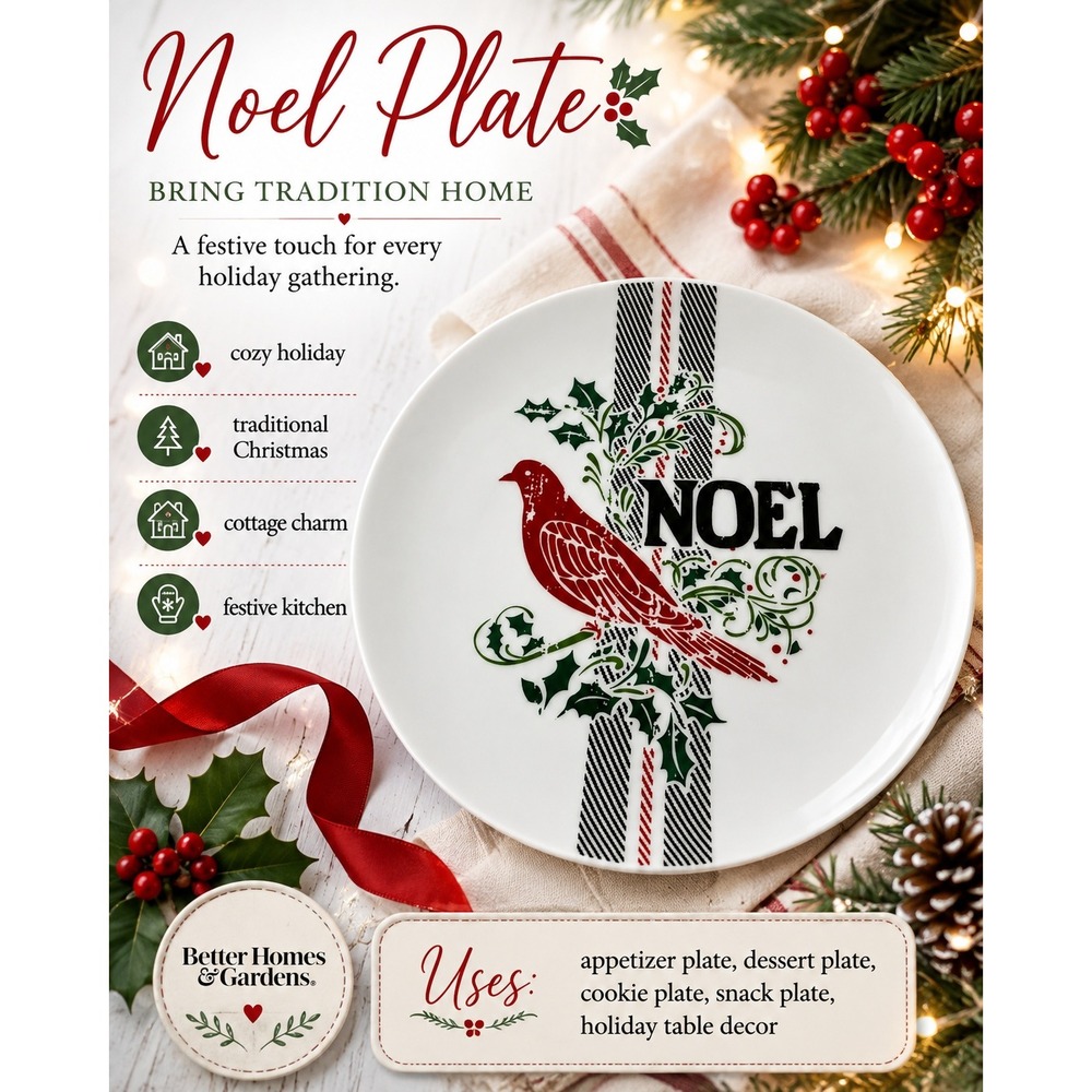 Better Homes & Gardens Noel Cardinal Appetizer Plate Plaid Christmas 8.5" NEW
